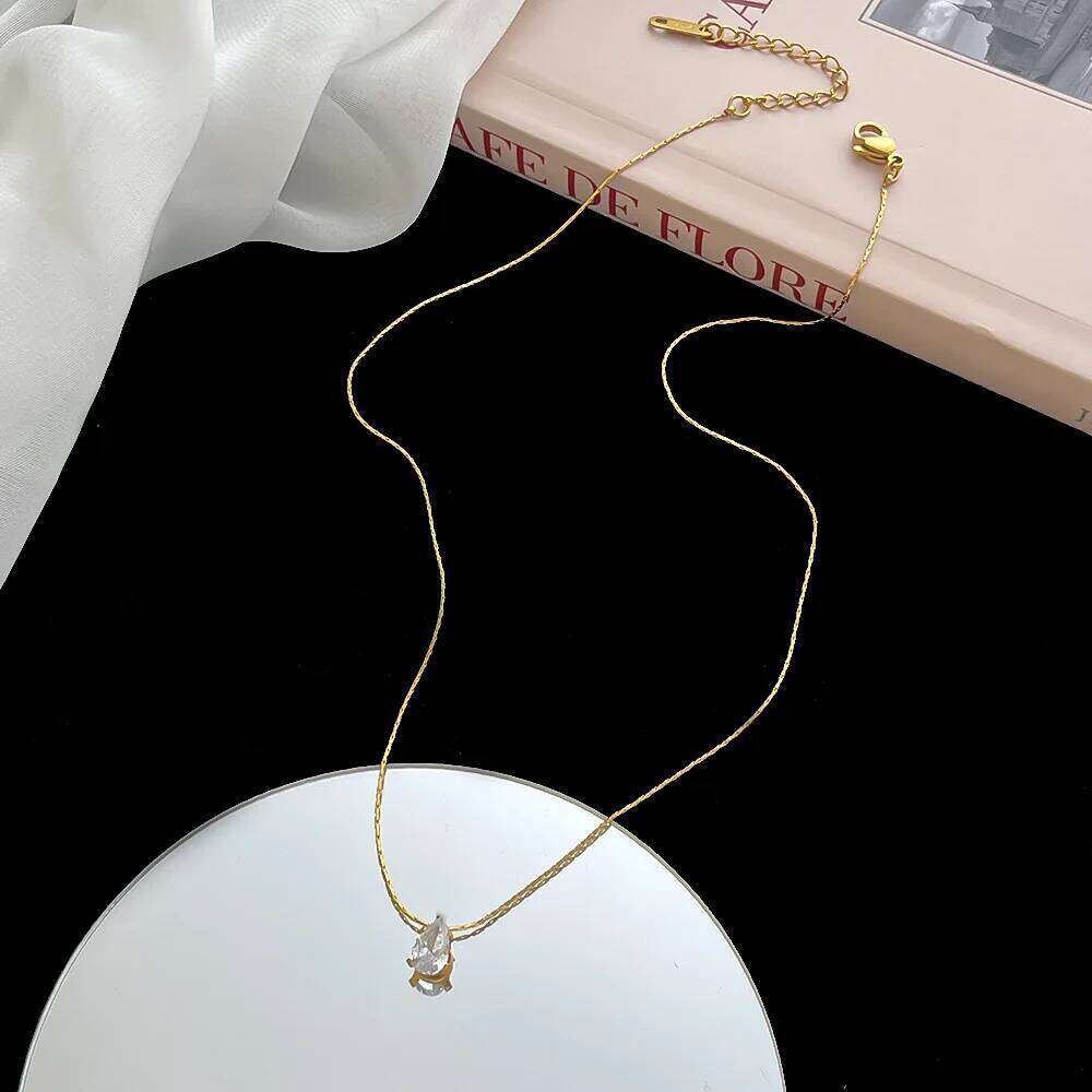 Stainless Steel Shiny Clear Zircon Waterdrop Pendant Necklace for Women Girls Minimalist Choker Chains Party Jewelry Gift New H260312