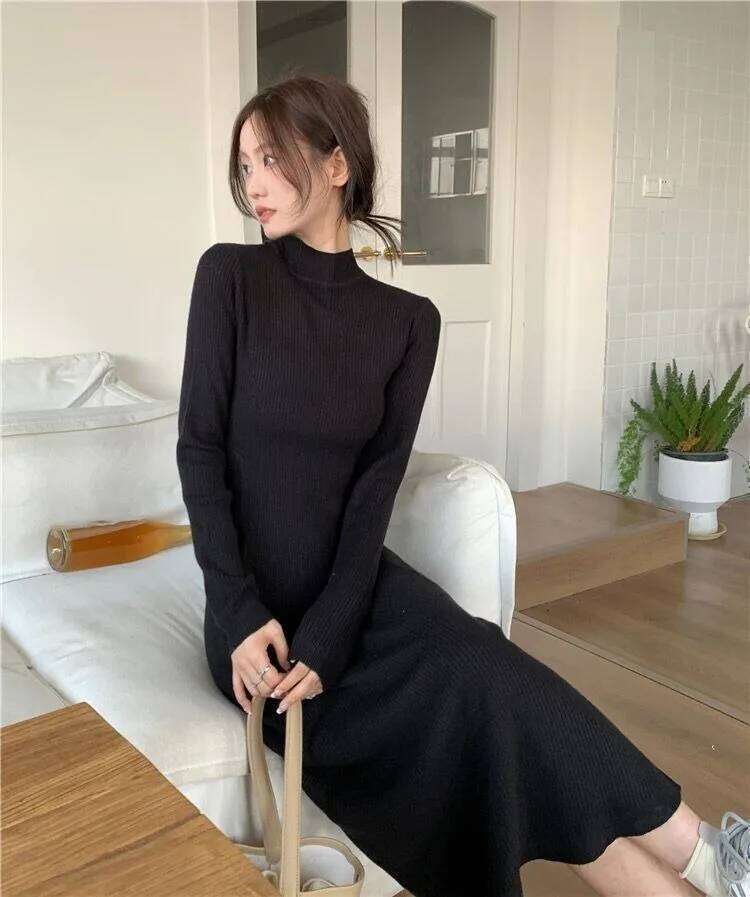 Women's Black French Mid-Calf A-Line Knit Dress Chic Semi-Turtleneck Slimming Long Sleeve Warm Layered Autumn Winter Exclusive Z260313