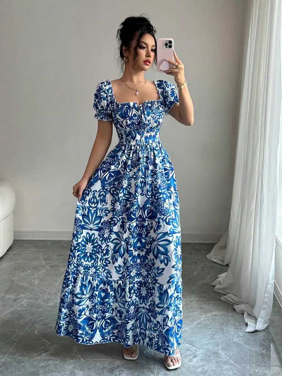 Elegant Womens Floral Print Bubble Sleeve Dress Blue Long Dress Front Tie Back Gathered Waist Casual VacationT260314