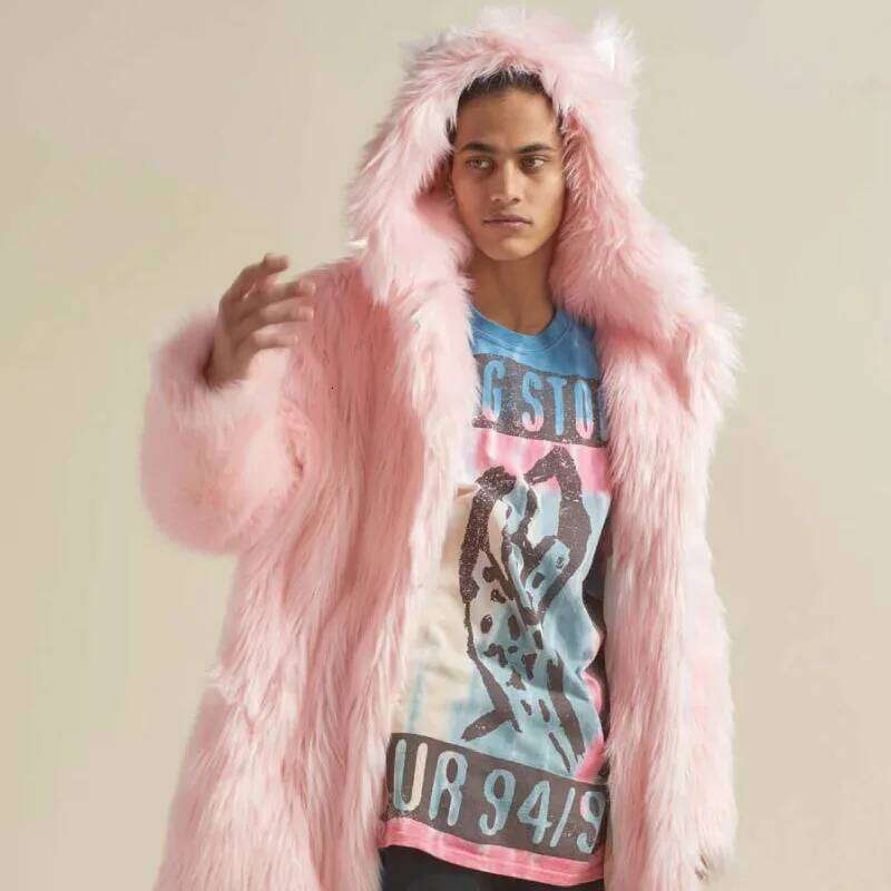 Men Faux Outerwear Solid Hooded Fur Jackets Long Sleeve Coat Loose Winter Pockets Casual 2025 Spliced Slight Strech Z260313