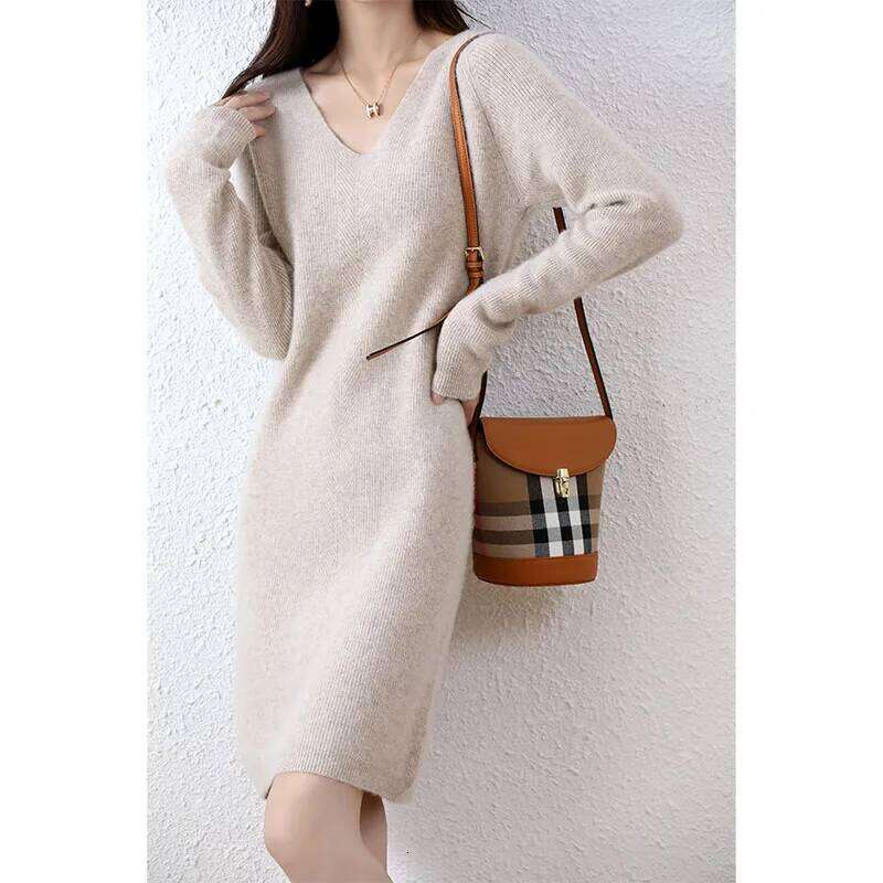 Womens Elegant Cashmere Sweater Dresses 100% Merino Wool Sexy V-Neck Casual Knitted Skirt Fall Winter Ladies Black Dress Clothes Z260313