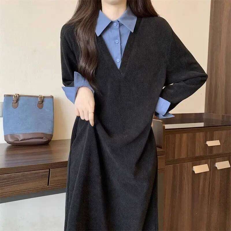 Design Sense Fake Two Items Women Autumn Lazy Wind Panelled Turn-down Collar Shirt Patchwork Loose Temperament Midi Dress Z260314