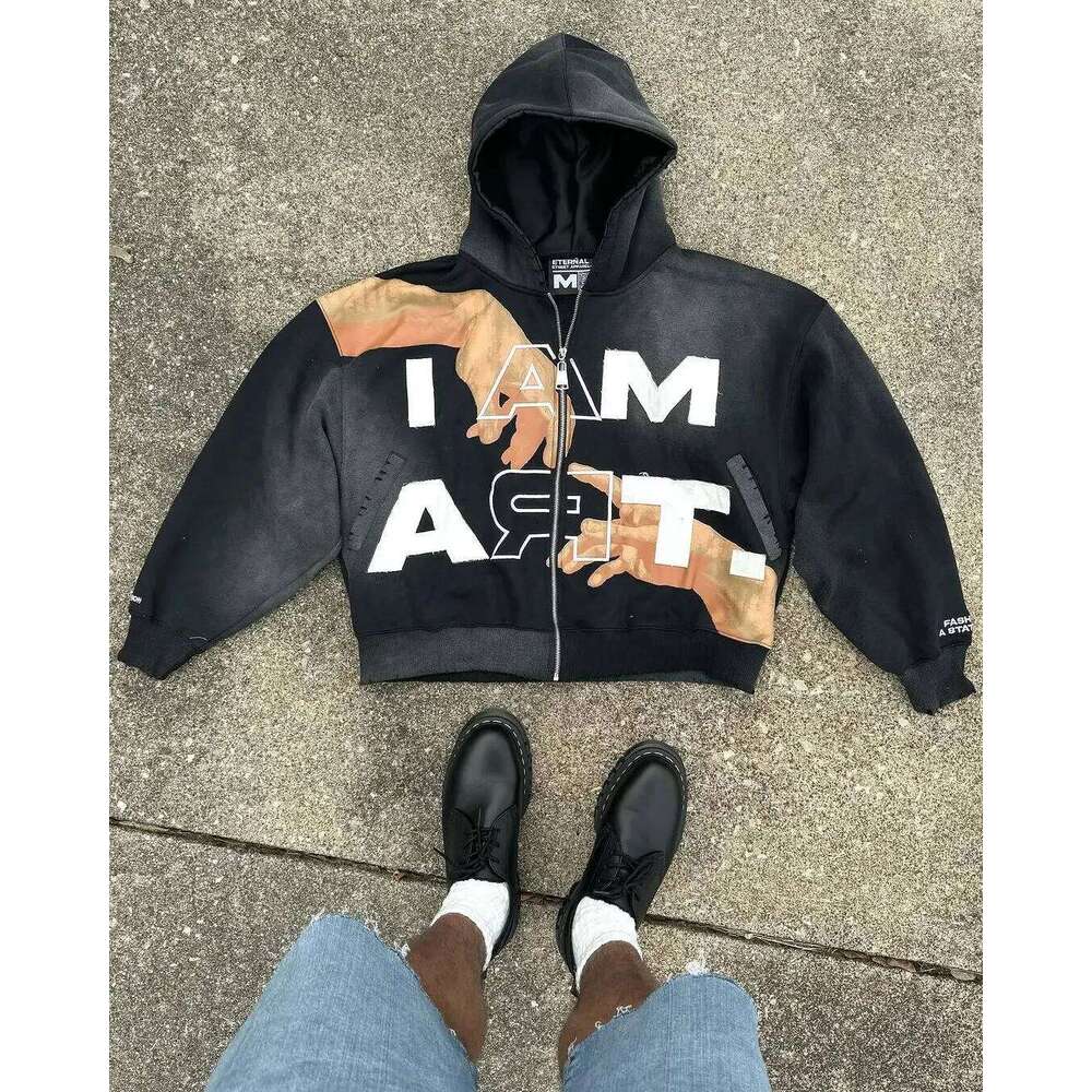 American retro letter printed zipper hoodie hip hop trendy street 2K Harajuku men's punk casual colorful super sweatshirt 26Y0313