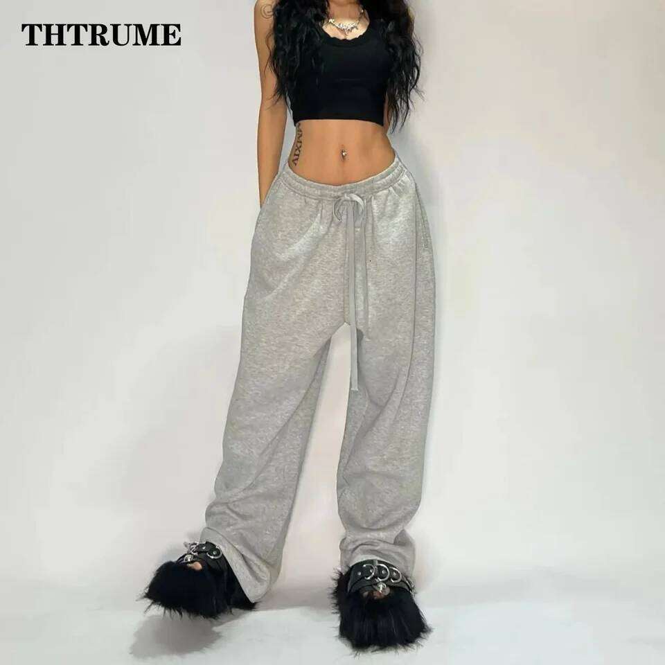 Casual Women Solid New Pant Fashion Summer Oversized Vintage Pocket Drawstring Wide Leg Pants Elegant Loose Baggy Chic Trousers