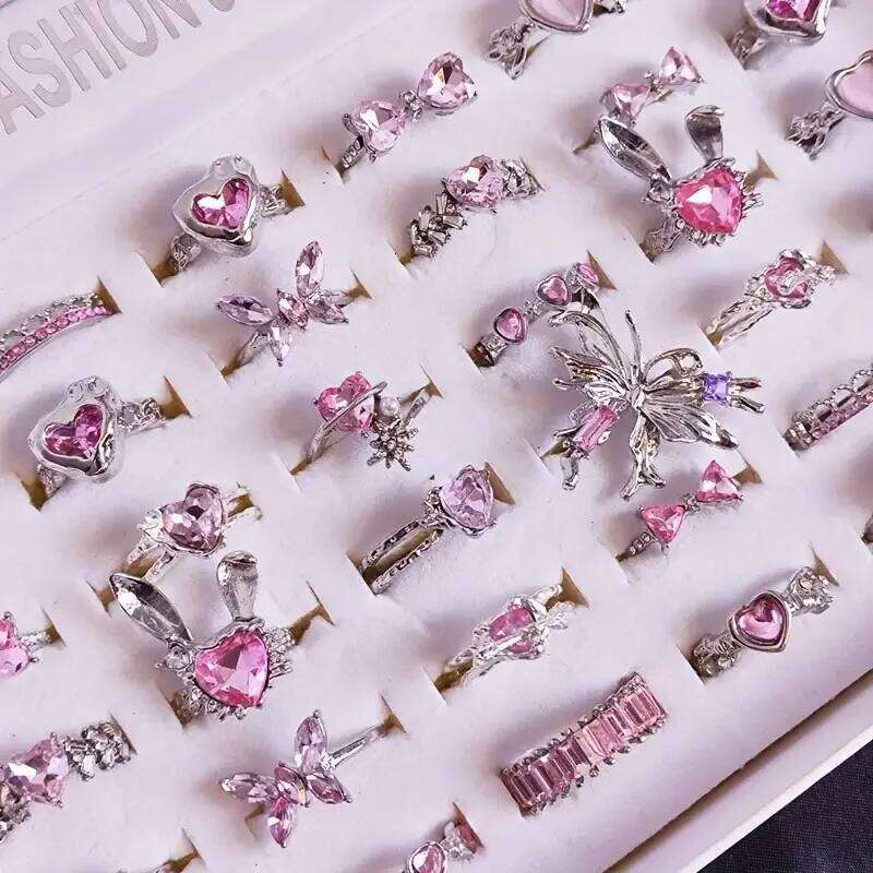 10Pieces Exquisite Pink Synthetic Zircon Heart Butterfly Rings Set For Women Mix Style Open Adjustion Jewelry Party Gifts H260312