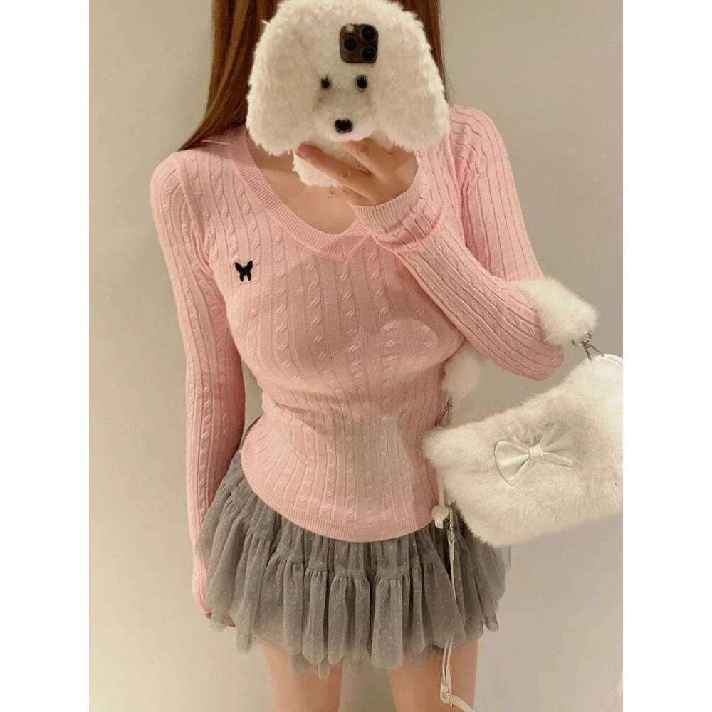 Casual V Neck White Pullovers Women Sweaters Autumn Winter Basic Long Sleeve Y2k Clothes Korean Pink Grey Ladies Tops Jumpers Z260313