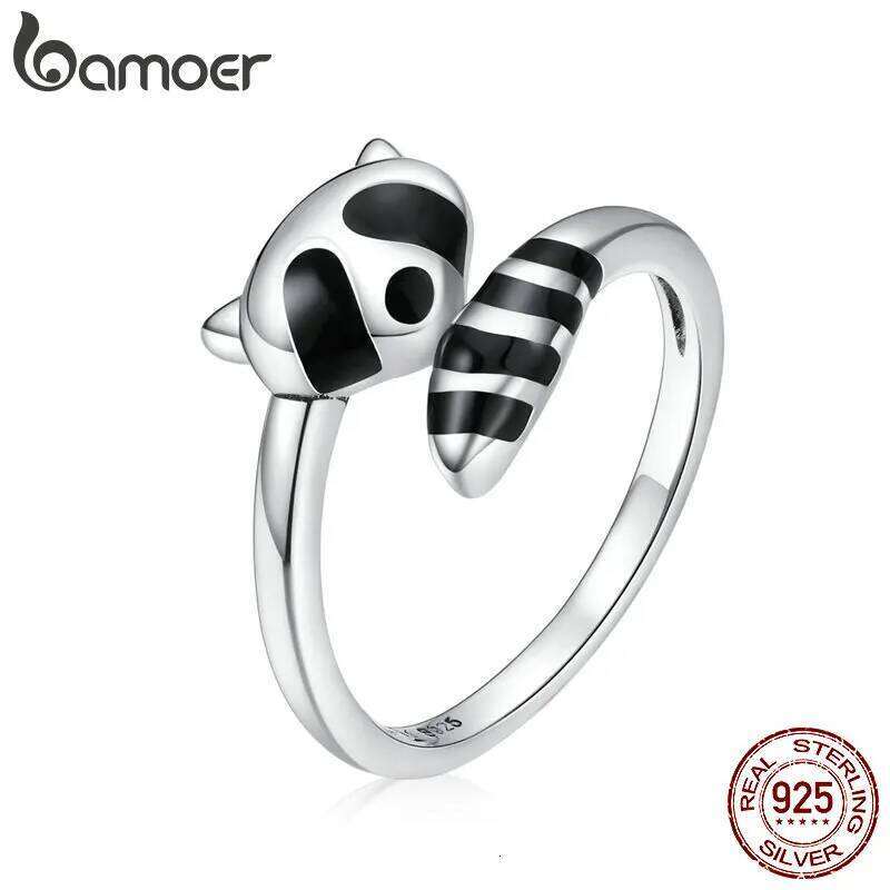 BAMOER Authentic 925 Sterling Silver Black Enamel Raccoon Finger Rings for Women Adjustable Free Size Fine Jewelry SCR652 H260312