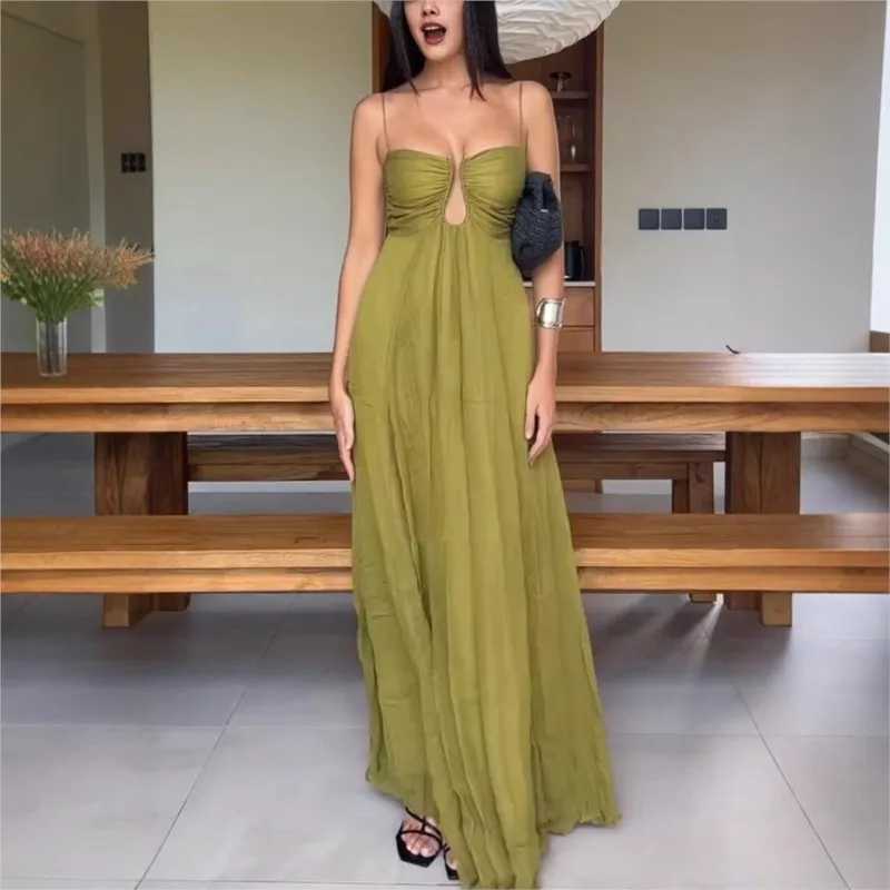 Elegant Spaghetti Strape Holiday Party Dress Women Summer Sleeveless Hollow Out Casual Maxi Dresses Sexy Backless Dress 2025T260314