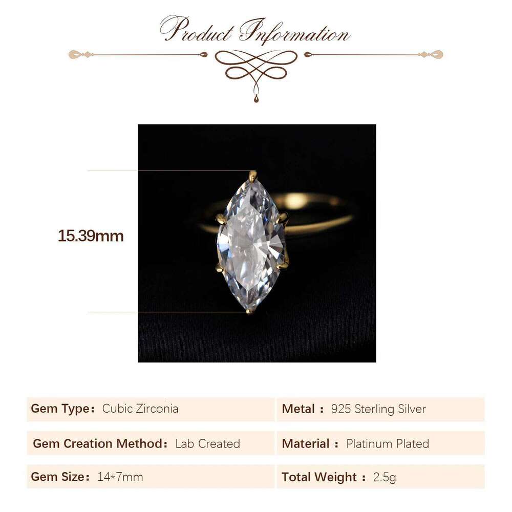 Potiy Vintage 9ct 5A Marquise Shape Cubic Zirconia Solitaire Engagement Ring For Women 925 Sterling Silver 14K Yellow Gold H260312
