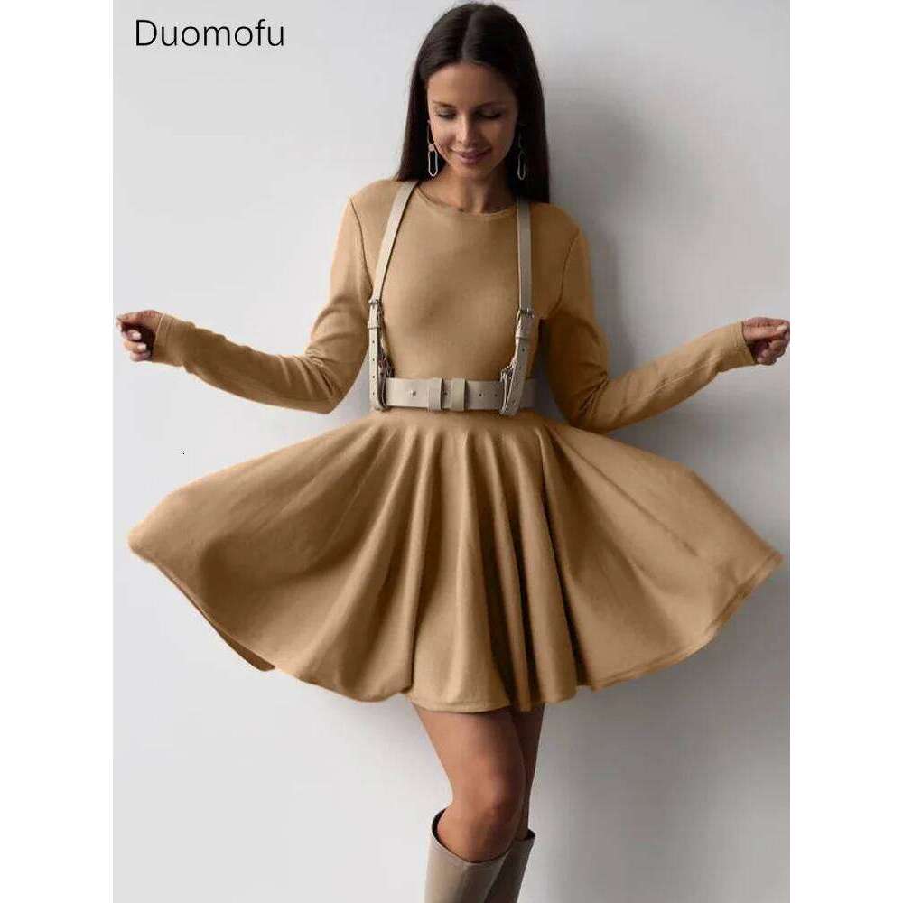 Duomofu Knit Mini Dresses Women Autumn Winter Long Sleeve Sweater Female Elegant Fashion Slim A Line Pleated Dress Vestido Z260313