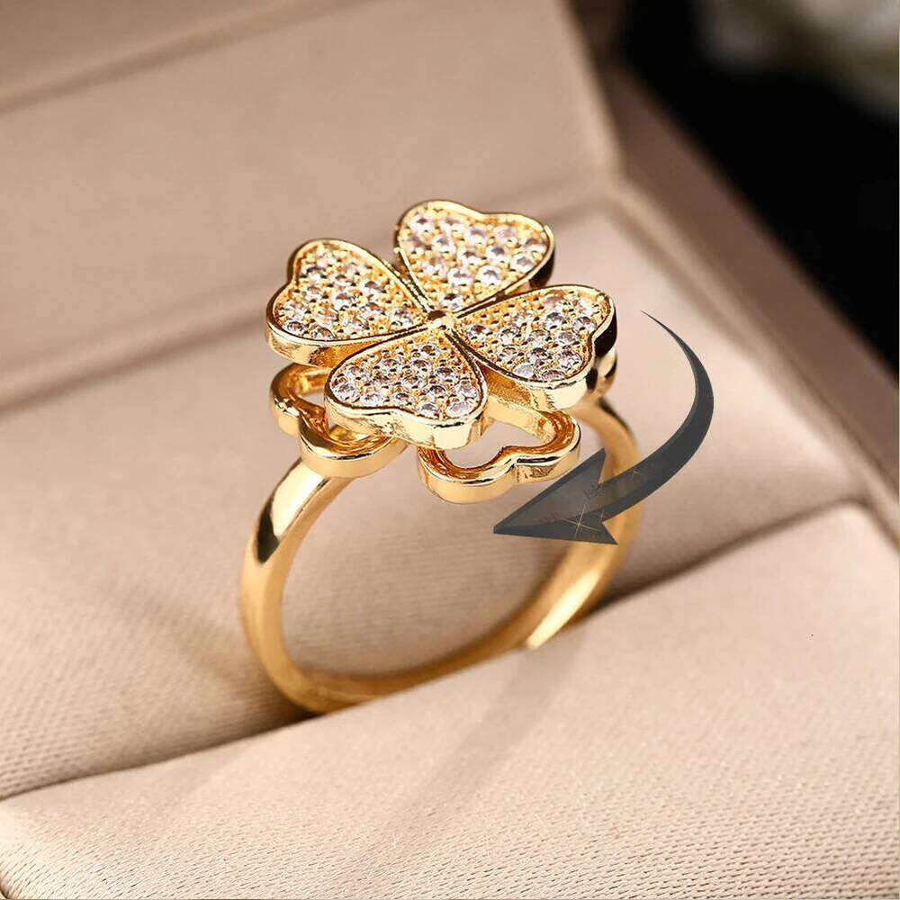 YILUOCD Four Leaf Cr Rotating Anxiety Cubic Zirconia Flower Adjustable Ring for Women Anti-Stress Fidget Jewelry Gift H260312