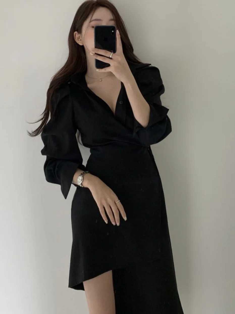 Chic Early Autumn irt Dr Womens Single Button Waist Cinched Midi Asymmetrical Collar Busin Casual Sle DrT260314