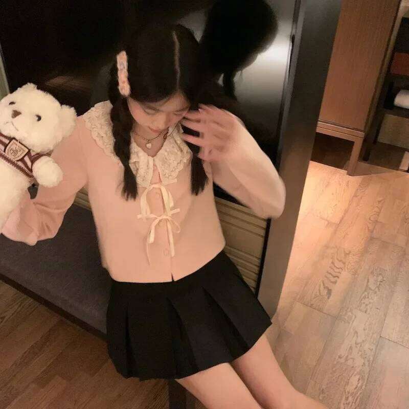 Long Sleeve Knitted Cardigans Women Single Breasted Patchwork Sweet Lace Fall Winter Lovely Casual Tops Bow V-neck All-match Ins Z260313