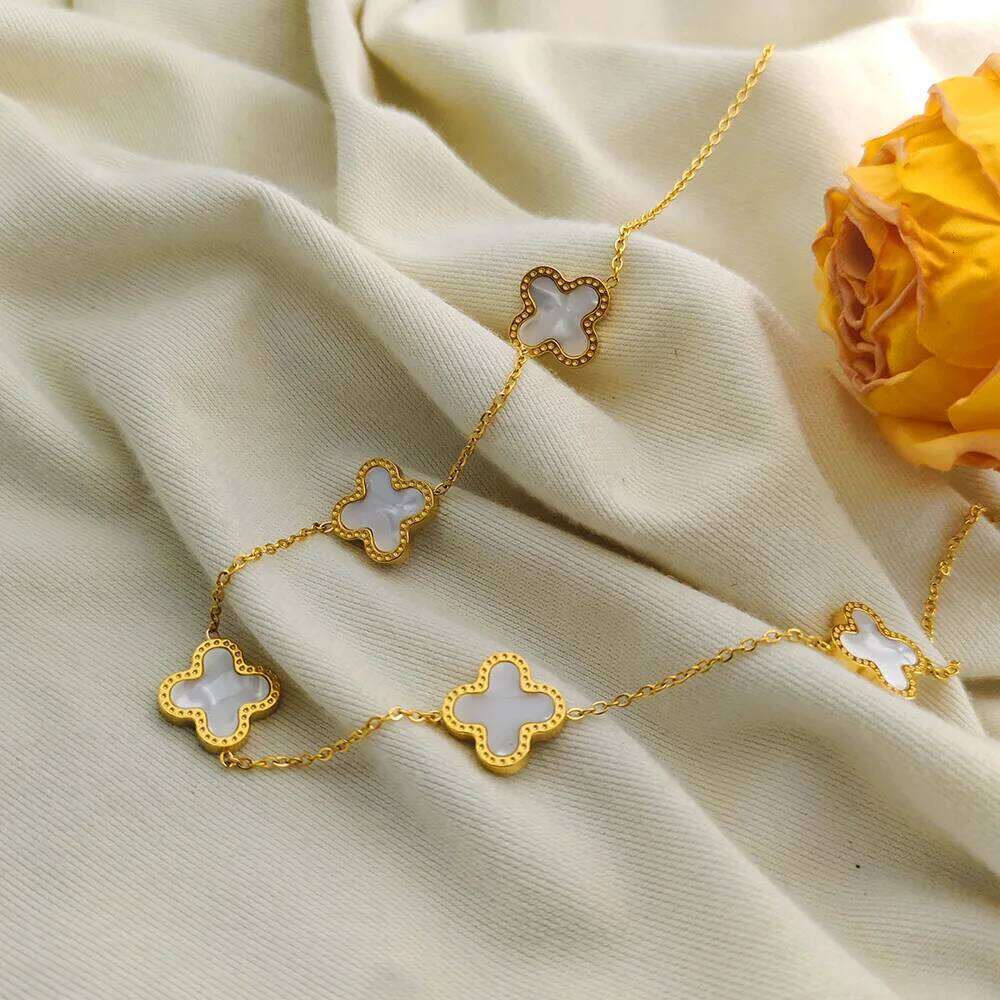 Titanium Steel Cr Five Flowers Single-sided Abalone Necklace Electroplated Non-fading Personality Choker... H260312