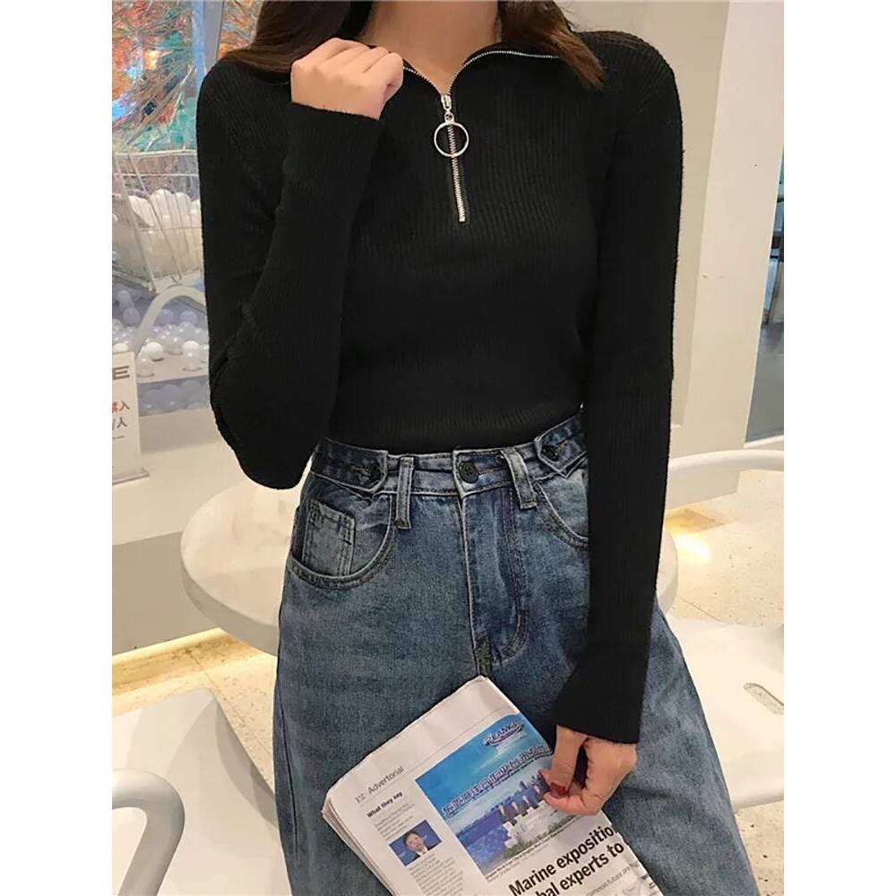 2025 Korea Knitted Zipper High Neck Sweater Pullovers Autumn Winter Basic Women Turtleneck Sweaters Slim Fit Pull Femme Z260313