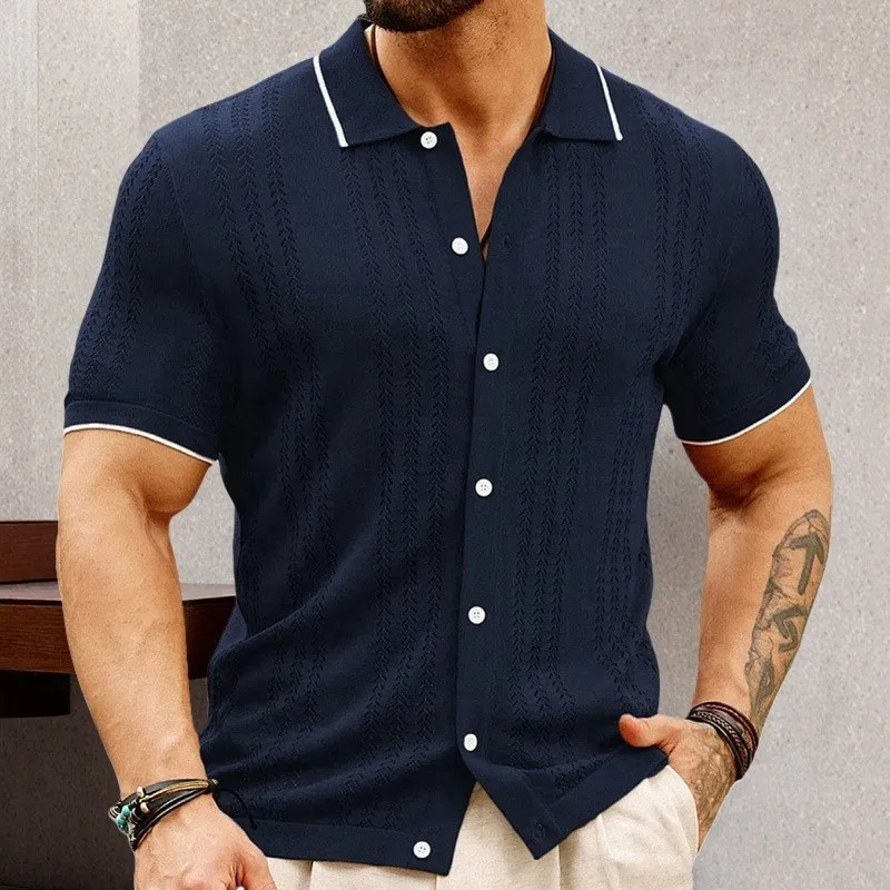 Summer Mens Knitted Polo Shirt Short Sleeve Light y Business Cardigan Tops Trendy Hollowedout Breathable Premium Knitwear 260312
