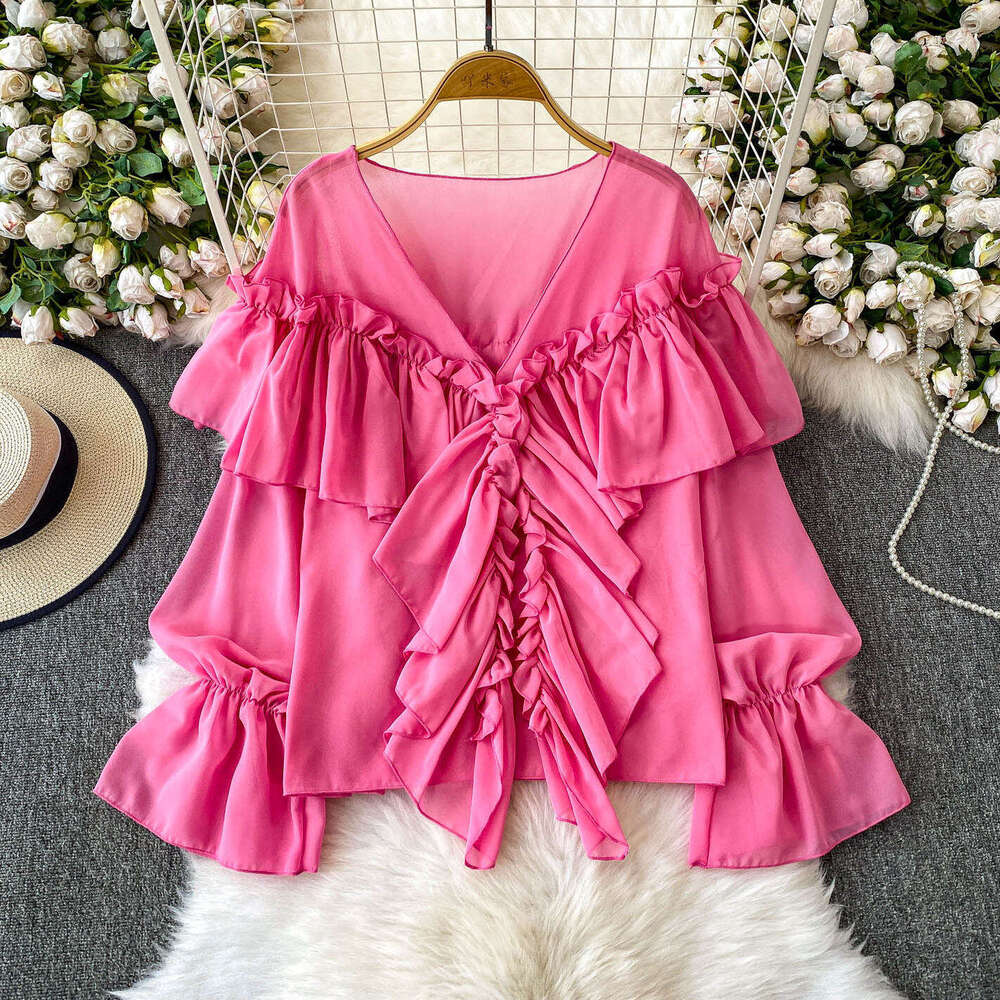 White V-neck bell shaped sleeve A15 sunscreen wrinkle resistant chiffon women's shirt 2026 summer elegant loose fit with ruffled details