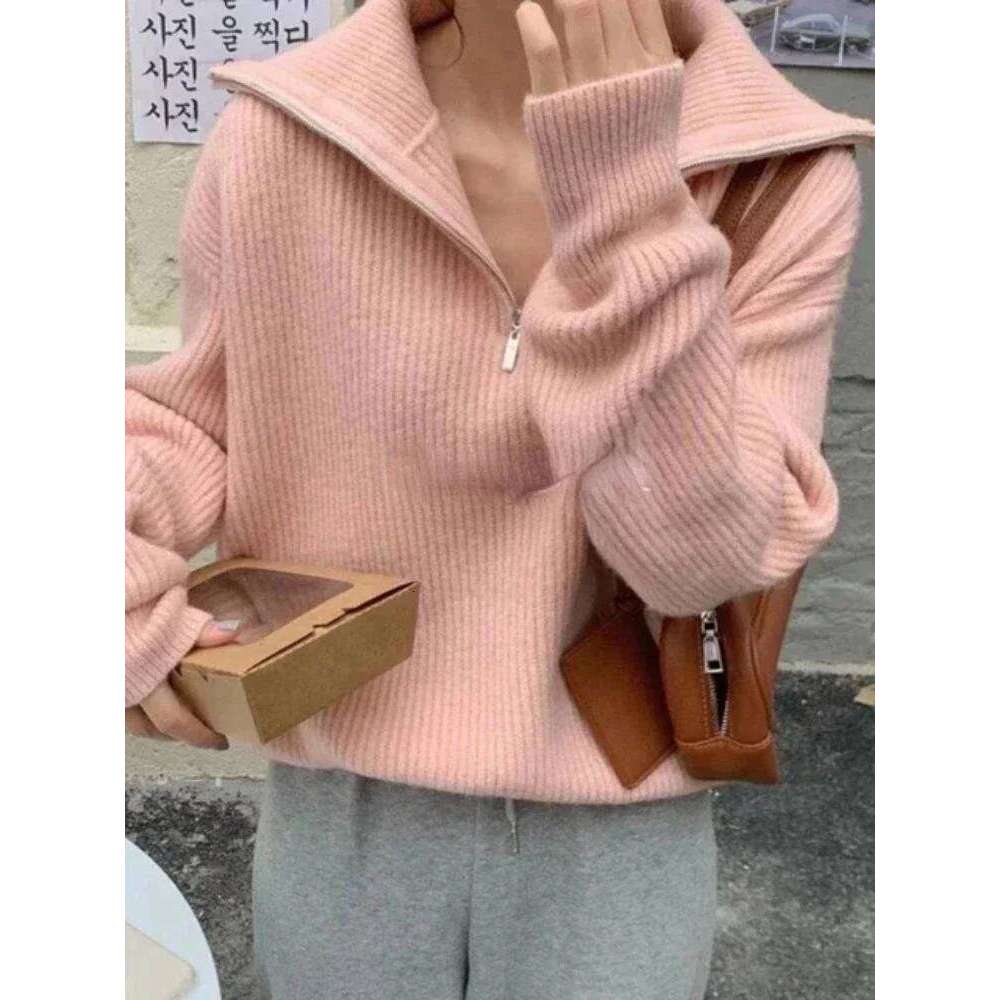 Elegant Turtleneck Zipper Women Fashion Loose Long Sleeve Knitted Pullover Casual Solid Winter 2025 New Sweater Z260313