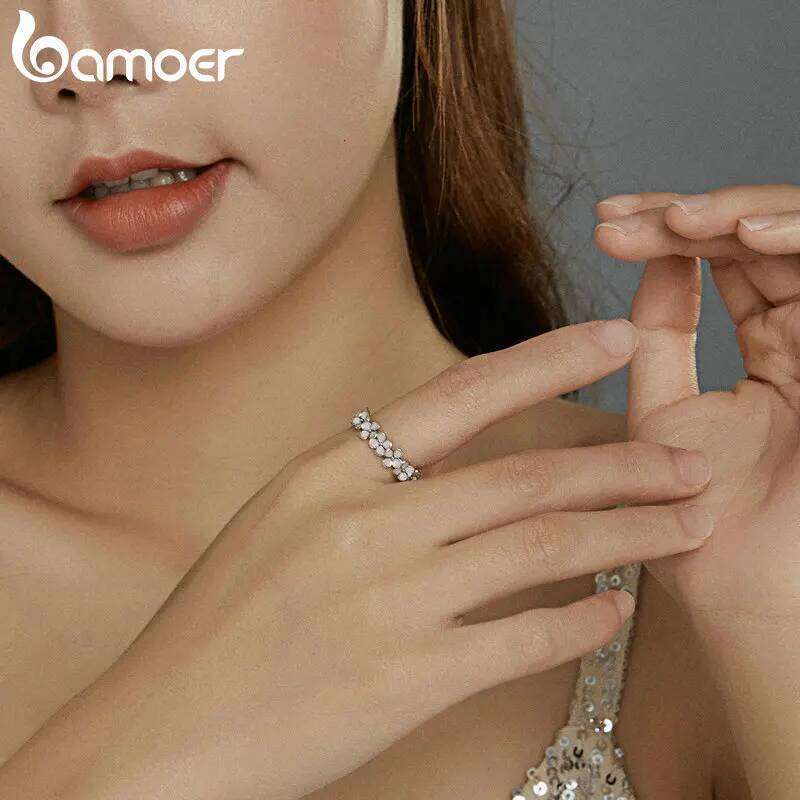 BAMOER 925 Sterling Silver Flower Rings Pink Wreath Finger Ring Stacking for Women Birthday Gift Sweet Romatic Fine Jewelry H260312