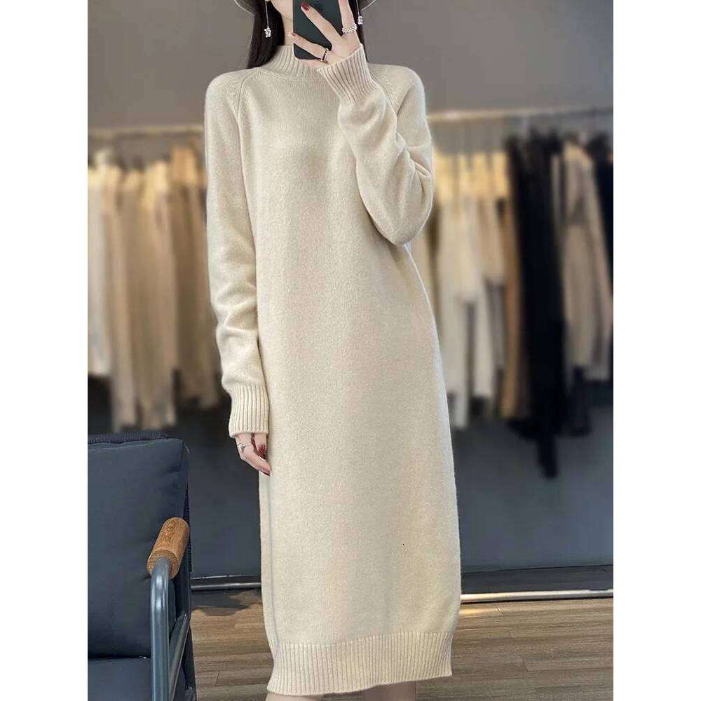 New Women Sweater 100% Merino Wool Long Autumn Winter Mock Neck Quality Cashmere Knitwear Basic Grace Dress Z260313