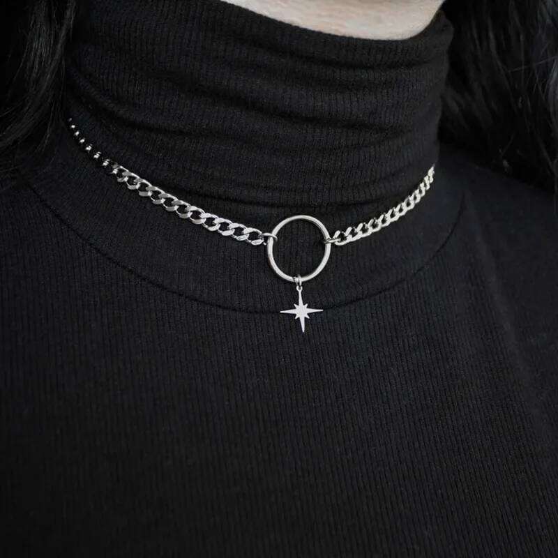 Gothic Punk Silver Color Star O-Ring Choker Necklace Stainless Steel Cuban Chain Necklaces For Women H260312