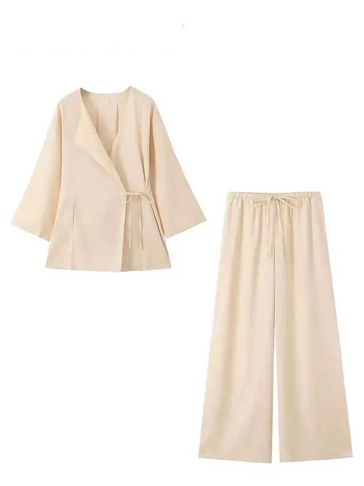 2024 Woman Trouser Set Solid V Neck Casual Kimono Style Lace Up Shirt Top Elastic Waist Wild Womens Wide Leg Long Pant M260313
