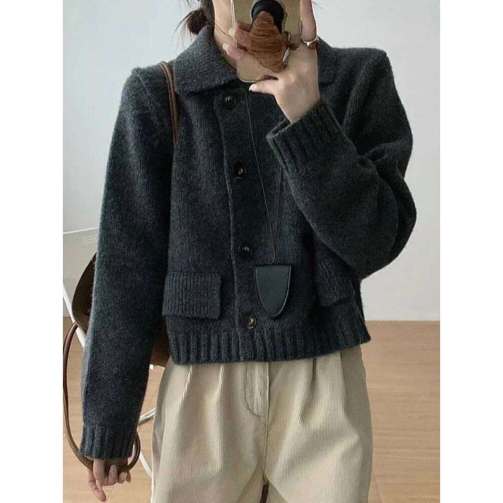 Double-Row Button Solid Color Turndown Collar Cardigan Women's Autumn Winter New Style Korean Outerwear Long Sleeve Warm Sweater Z260313
