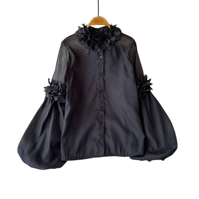 2026 designer French women's unique A13 three-dimensional flower lantern sleeves, youthful and versatile solid color chiffon long sleeved shirt