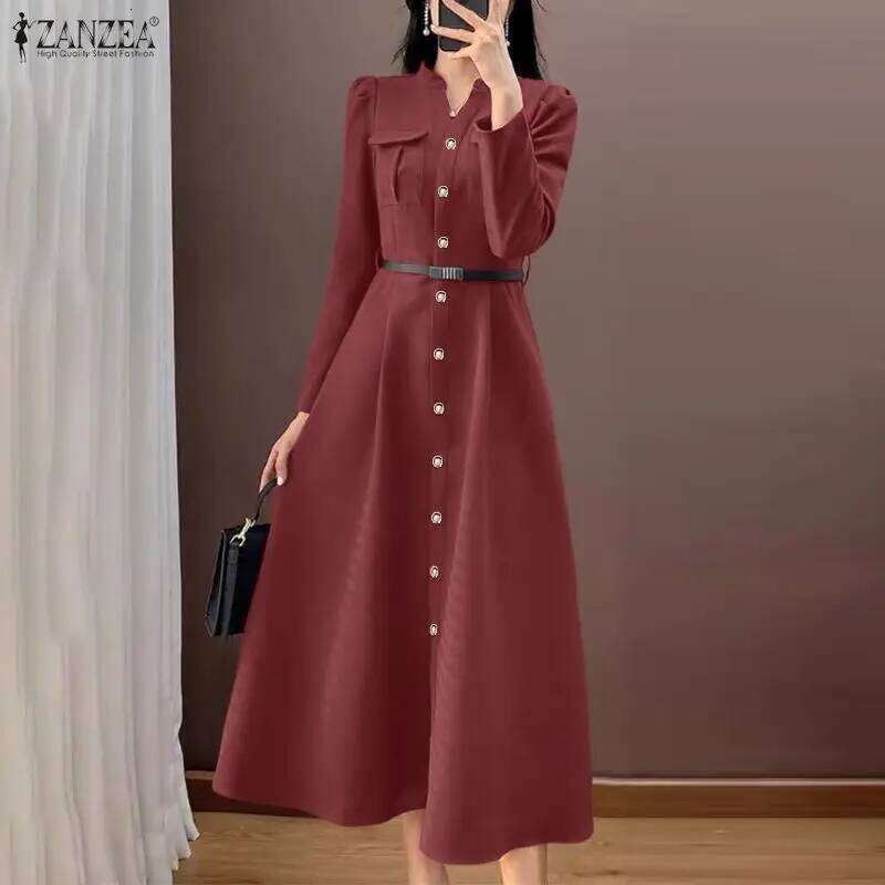 ZANZEA Elegant Party Dress Women Sleeve V-Neck Buttons Long Shirt Vestidos 2026 Fashion Casual Streetwear Office Midi Robe Z260313