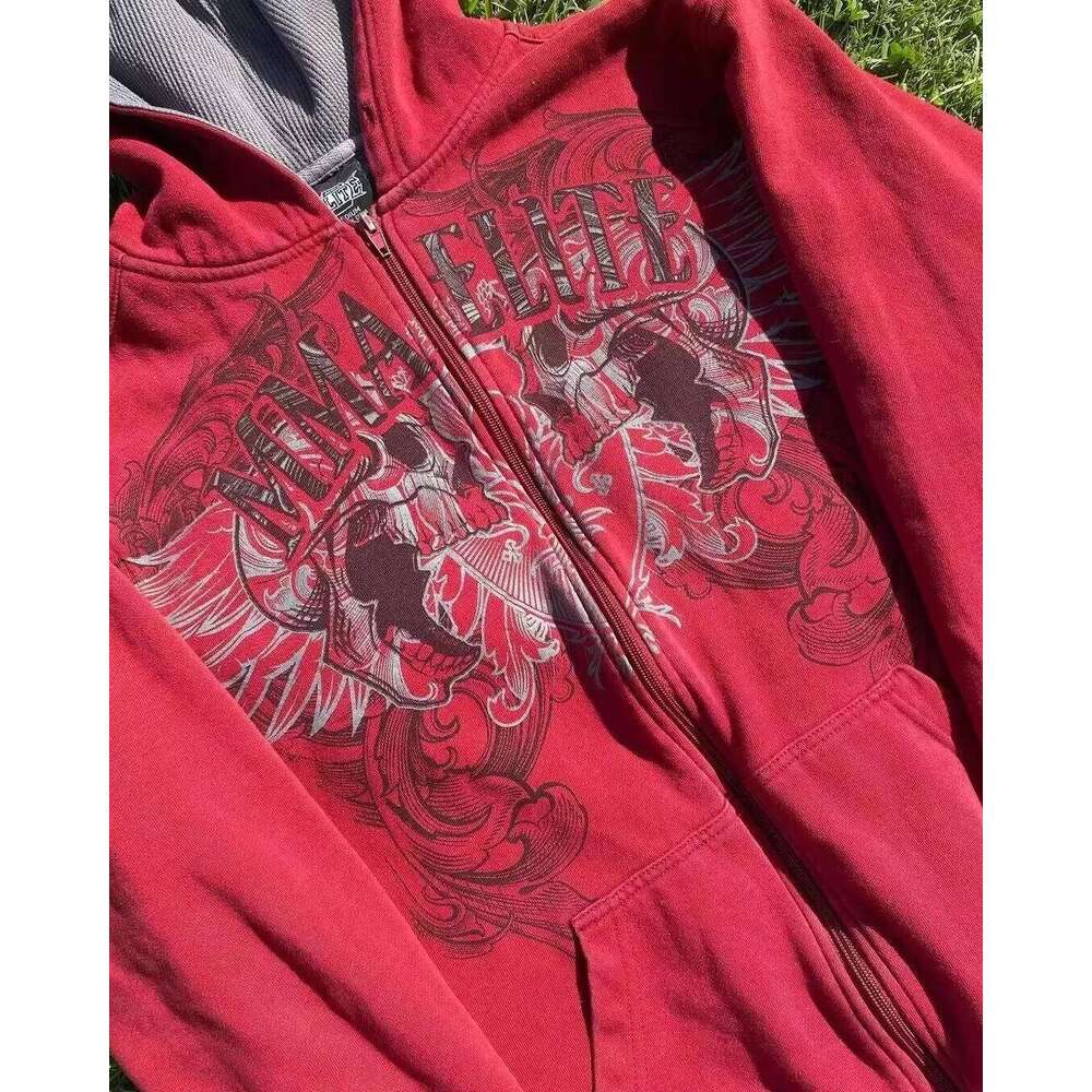 2000s New Cotton Couple Zipper Hoodies Vintage Elite Full Zip Hoodie Sweatshirt Size Skull Snake Red Y2K Sweatshirts 26Y0313