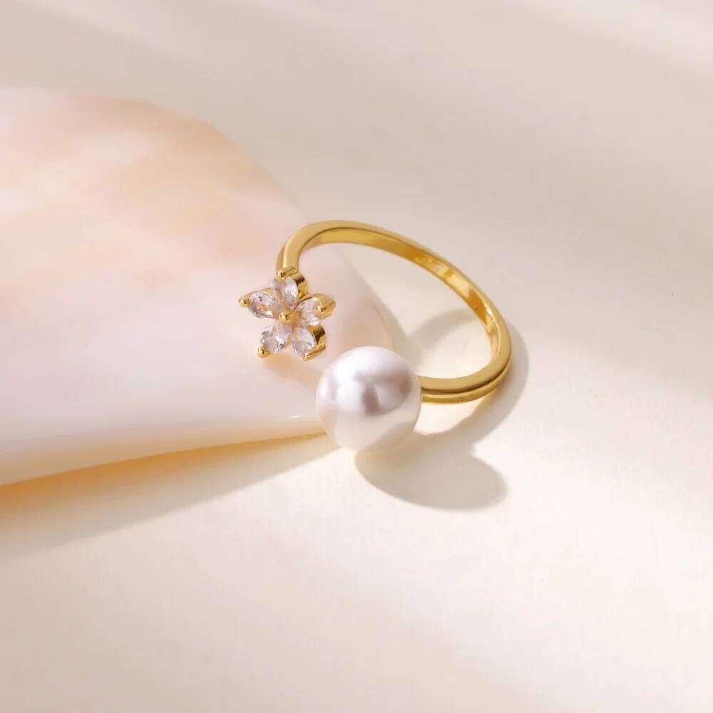 Stainless Steel Crystal Zircon Flower Rings For Women Fashion Imitation Pearl Gold Color Open Finger Ring Aesthetic Jewelry Gift H260312