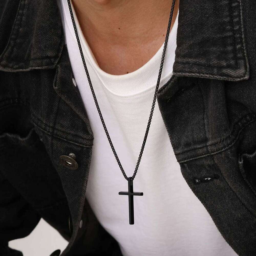 Vnox Necklace for Men Women, Silver Color Plain Cross Pendant Collar with Stainless Steel Box Chain H260312