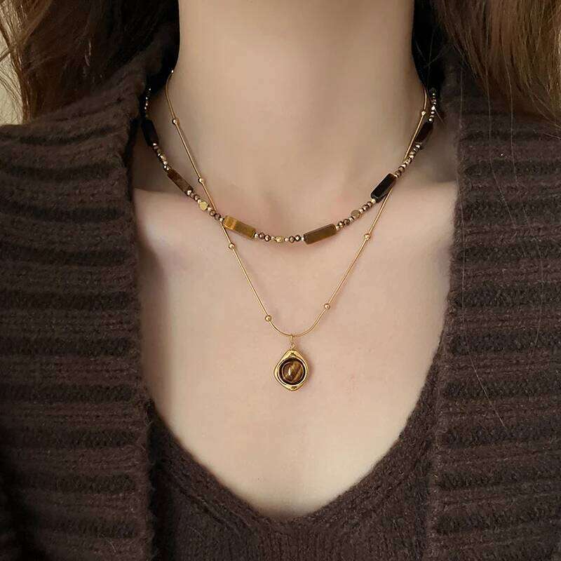 Retro Temperament Layered Tiger Eye Stone Pendant Necklace For Women Stainless steel Double-Layer Collarbone Chain Sets Jewelry H260312