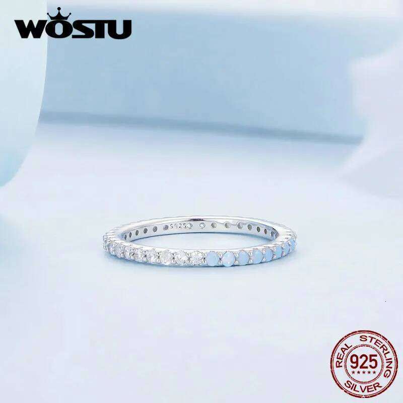 WOSTU 925 Sterling Silver Rainbow Blue Fire Opal Clear Zircon Simple Engagement Rings For Women Classical Roud Stacking Ring New H260312