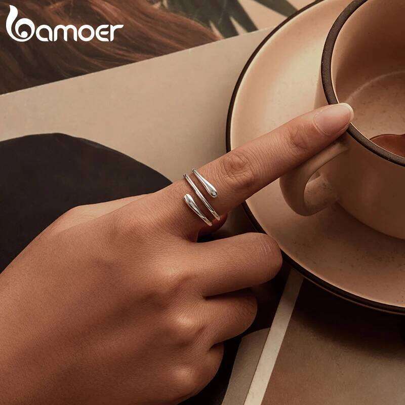 BAMOER Solid 925 Sterling Silver Twist Eternity Band, Teardrop Chunky High Polish Tarnish Comfort Fit Open Ring for Women H260312