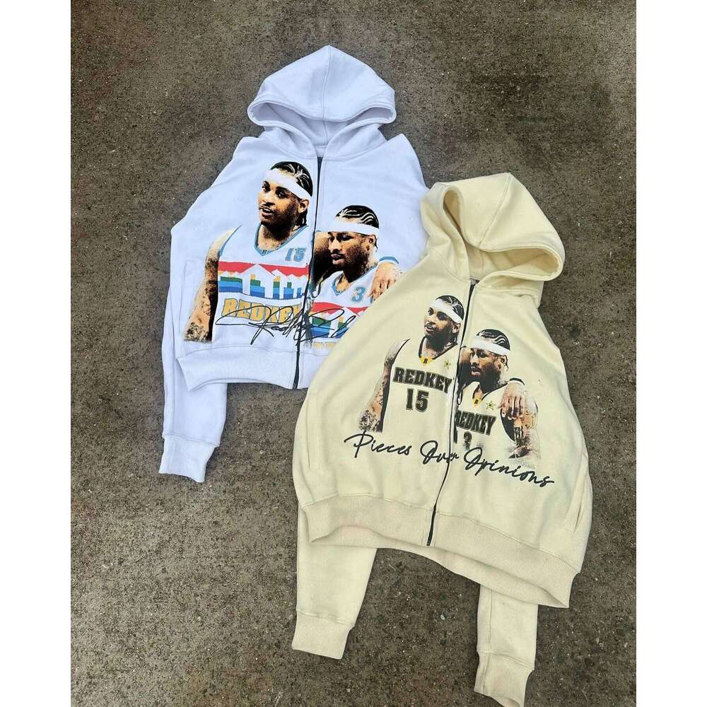 Y2k Fashion Hip Hop Star Player Print Loose Zip Up Hoodie Retro High Street Rock Sweatshirt Oversized Sports Men Clothing Z260315