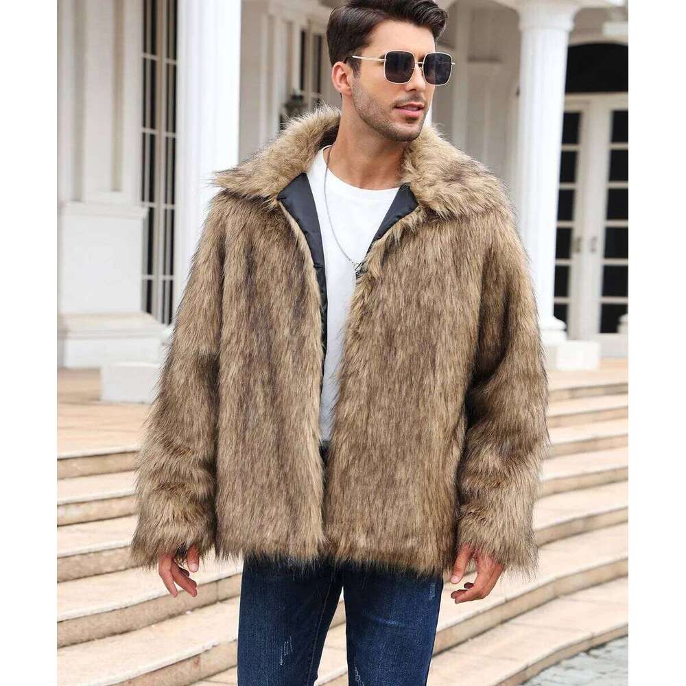 Men Faux Fox Coat Winter Thick Fluffy Long Sleeve Lapel Warm Shaggy Outerwear Luxury Fur Jacket Bontjas Jackets Mens Z260313