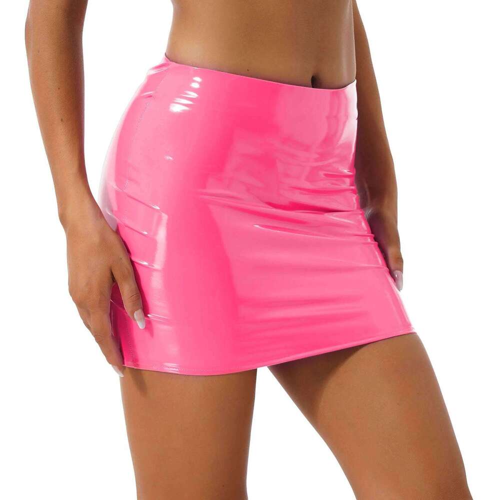 Women Pencil Wet Look Latex Skirt Patent Leather Elastic Waistband Miniskirt Solid Color Sexy Shiny Skirts Glossy Clubwear Z260314