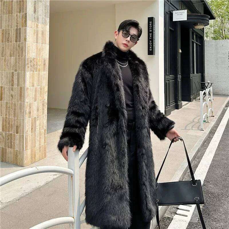 Black Faux Fur Coat Man Fashion Winter Thickened Warmer Fluffy Long Cotton-padded Jacket Overcoat Z260313