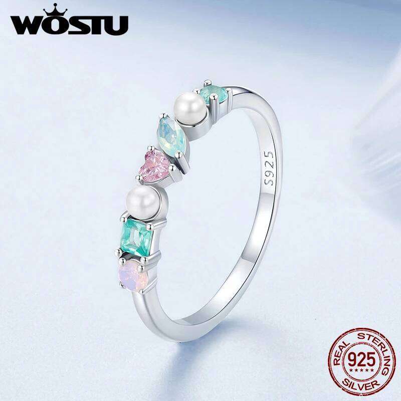 WOSTU 925 Sterling Silver Multi Color Gems Finger Rings Colorful Cute Opal Pearl Zircon Band Ring Girl Daughter Jewelry Gift H260312