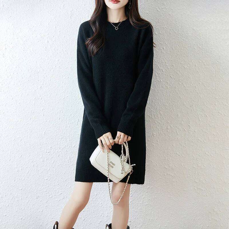 Yoyoselect 100% Merino Wool Women's Loose Mini Sweater Autumn Winter Soft Warm Cashmere Thickened Elegant Dress Z260313