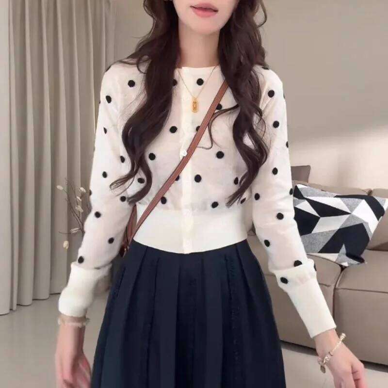 Fashionable Polka-dot Knitted Cardigan Long-sleeved Women's Autumn 2025 New Slim Fit Versatile Top Z260313