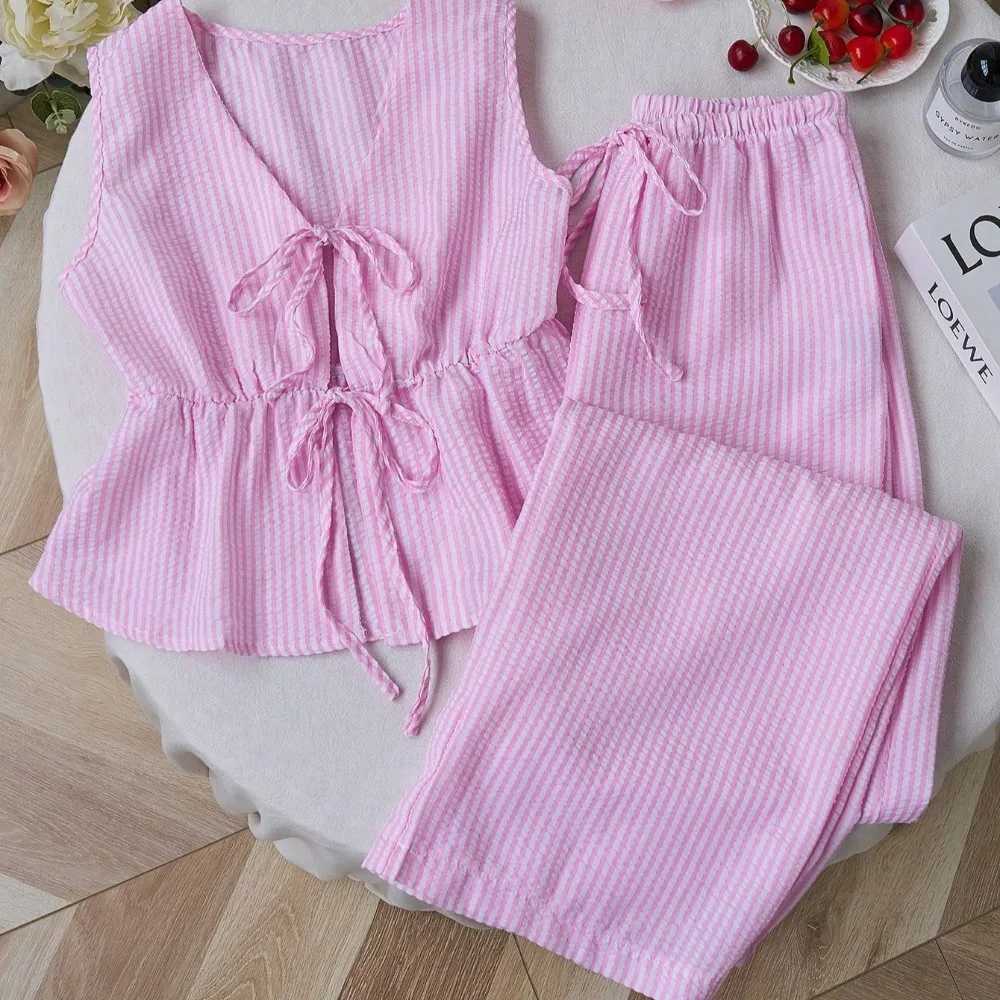 Womens Two-Piece Set -Solid Color with Stripe Detail Lounge SetStrappy Camisole Wide Leg Tie-Waist PantsSweet Casual Outfit M260313