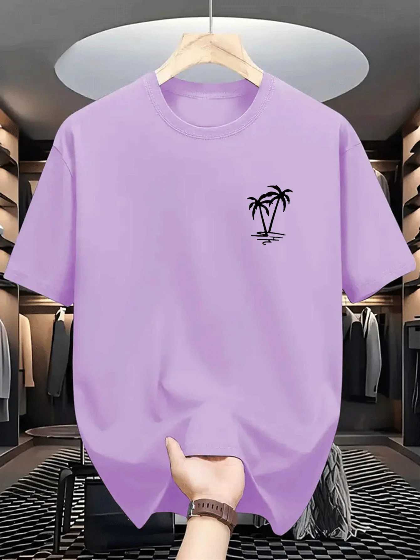 Mens summer 100 cotton fashionable casual loose coconut tree pattern printed sports round neck short sleeved T-shirt top D260313