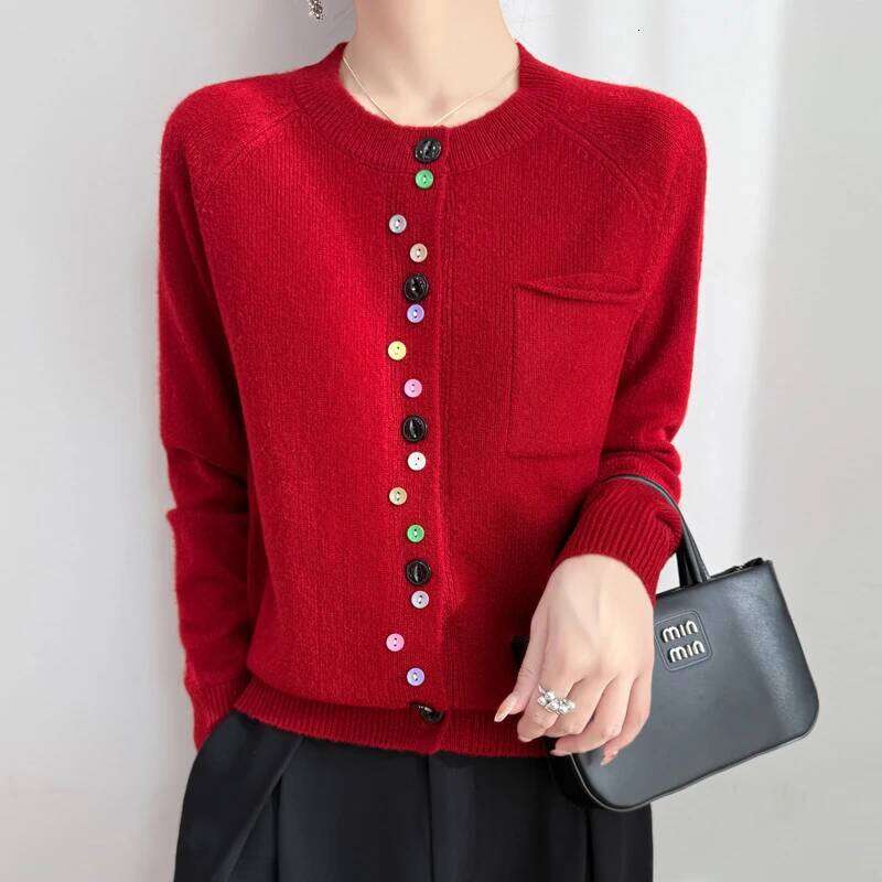 Women Merino Wool Cardigan Round Collar Sweater Coat Color Buckles Clothing Autumn Winter Long Sleeve Knitwear Bottoming Tops Z260314