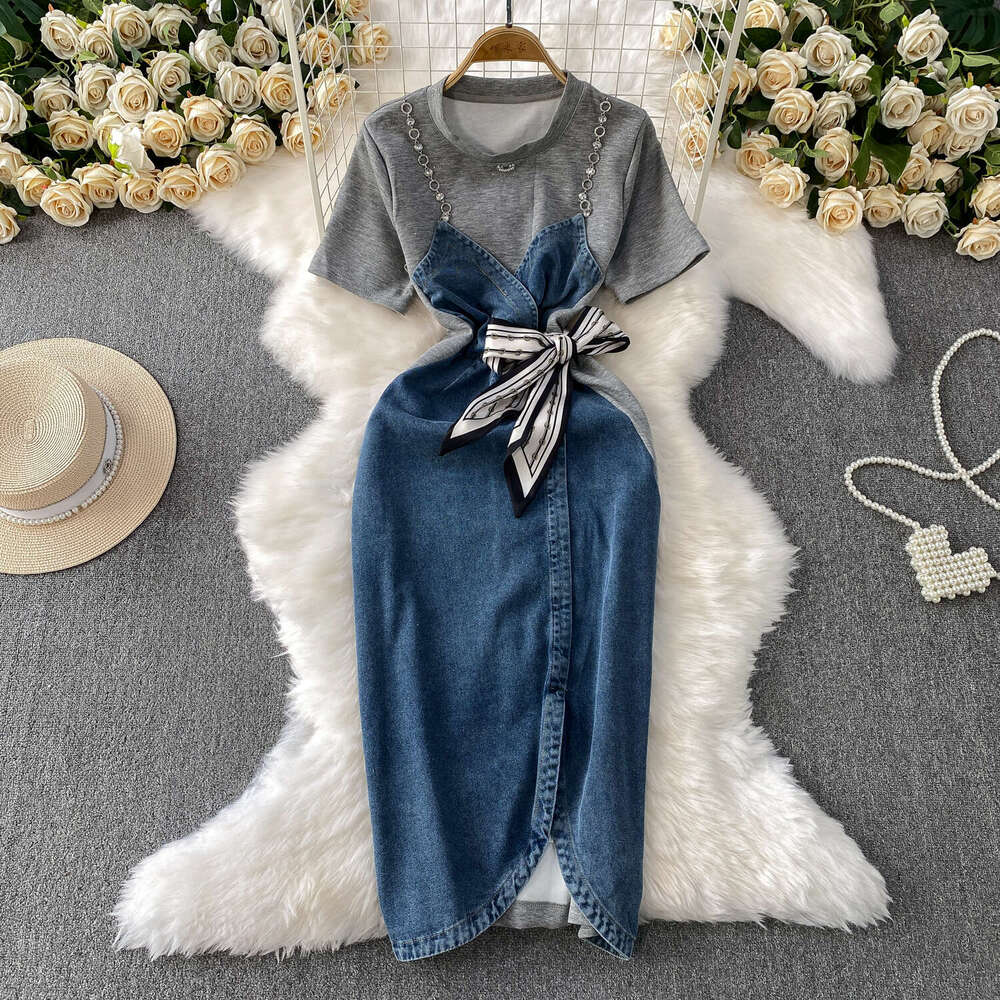 Designer style retro color blocked denim women's spliced round neck dress, summer tie for a20 slimming and elegant slit