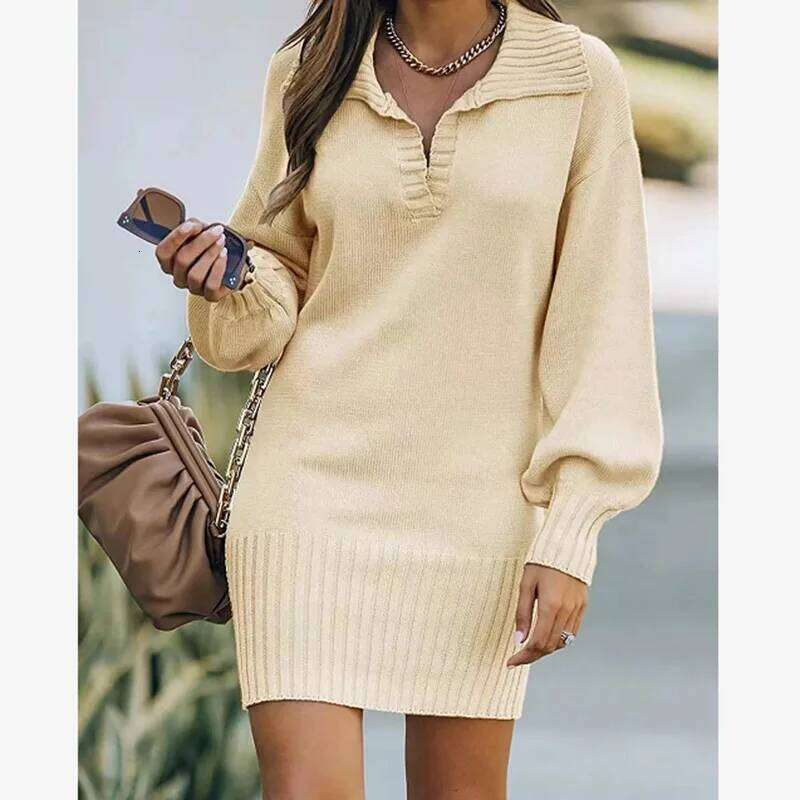 Autumn Winter Knitted Dress For Elegant Lapel Solid Lantern Sleeve Straight Dresses 2024 Fashion New Women Clothing Z260314