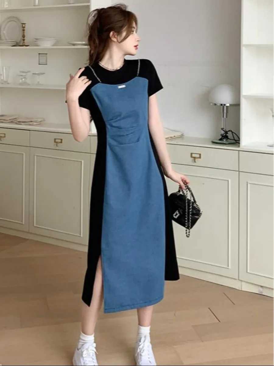 Retro plus Size Materni Dr Summer New High Waist Slimming Splice Split Denim Skirt Conceal Belly A-Line Dr Korean SleT260314