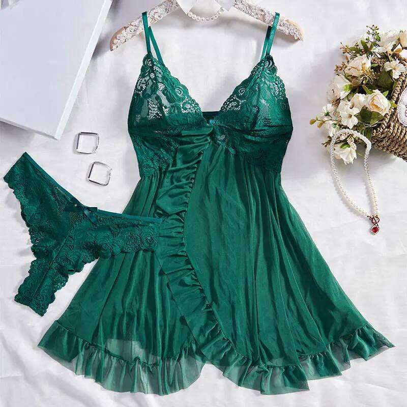 Tulle Suspenders Exquisite Women's Lencerias Lace V-Neck Underwear Semi-transparent Thong Dress Set Females Lingerie Nightgowns