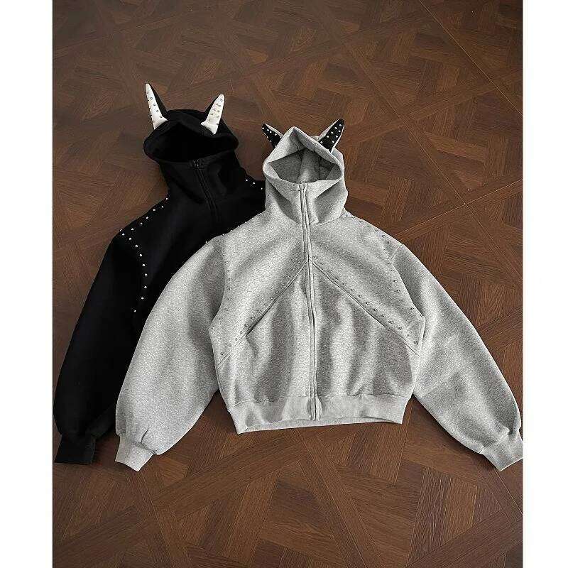 Tide Street Rivets Ear Design Zipper Jackets Punk Style Men's Hoodie Jacket Loose Fit Couple Hooded Cardigan Z260315